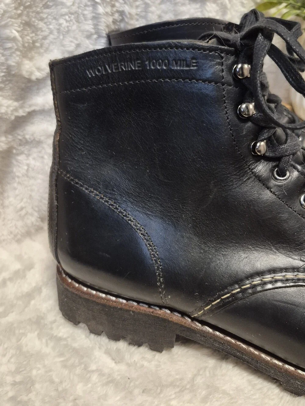 Wolverine 1000 Mile Plain Toe Rugged Boots Black Leather Lace Up Men's Sz 12 EUC